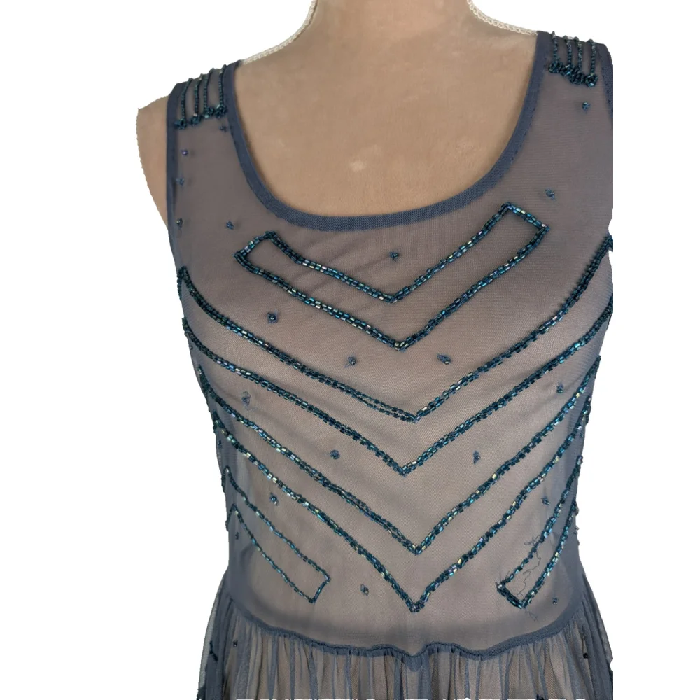 Two Free People Embellished Mesh Mini Dress XS Beaded Pink Blue Y2K Boho Glam